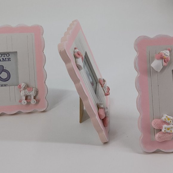 Newborn Baby Girl Photo Frame Gift Pink 3x3 Picture Free Stand Wood 6.5x6.5 Dime - Picture 5 of 12